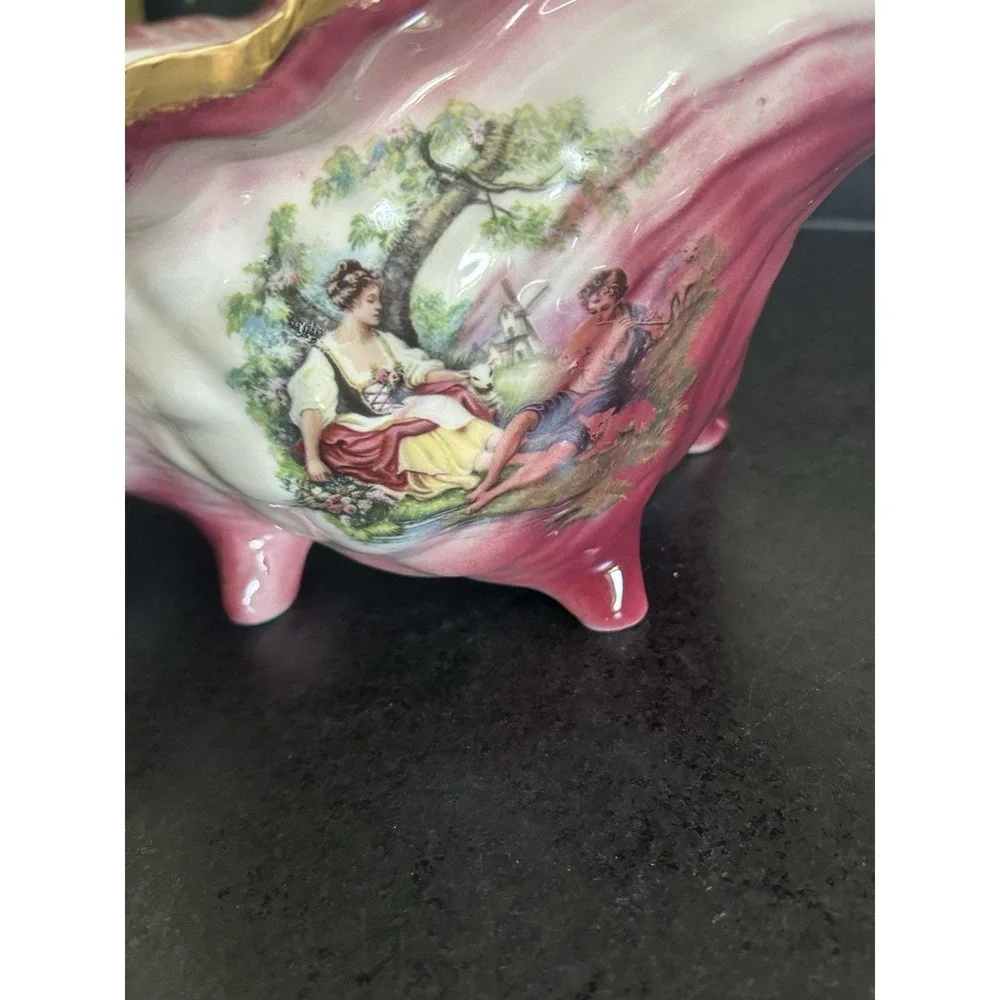 Vintage KLM Staffordshire Ceramic Seashell with Romantic Scene and Gold Trim